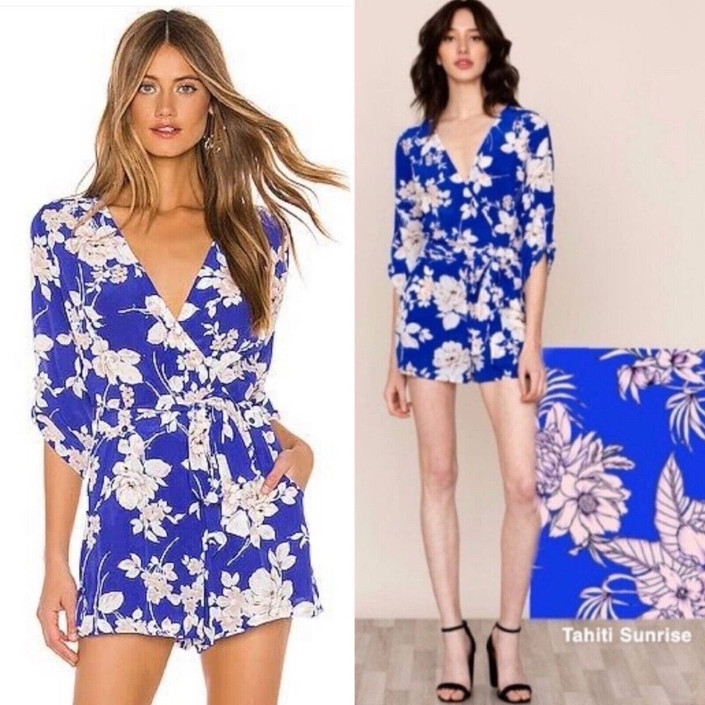 Yumi Kim Liz Tahiti Sunrise Jumpsuit Floral white & blue tie romper Medium